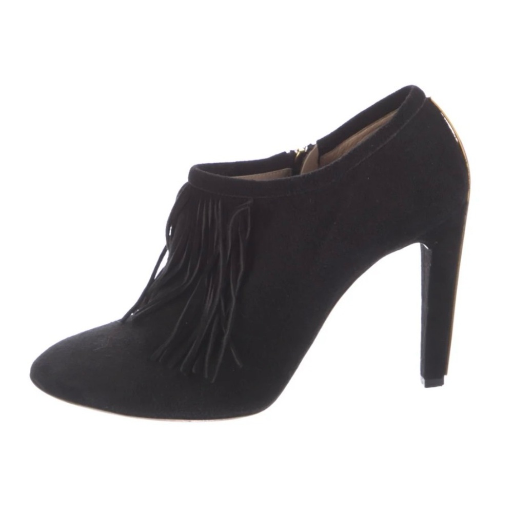 ⭐️Chloe⭐️Fringe Black Suede Leather High Heel Ankle Bootie Designer Women's 6 37